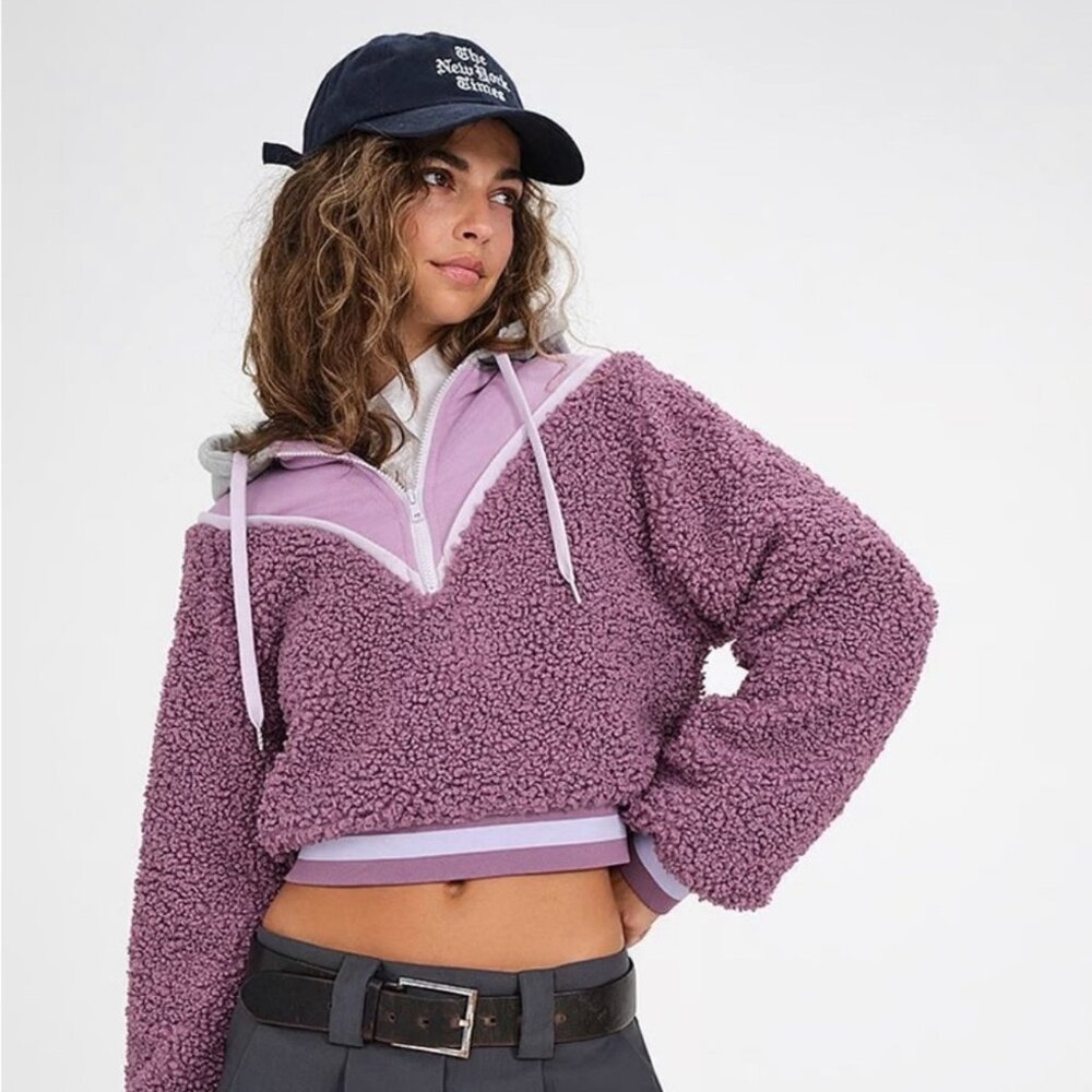 For Love & Lemons Purple Cropped Sherpa Half-Zip Hoodie XXS FA22 AT0035